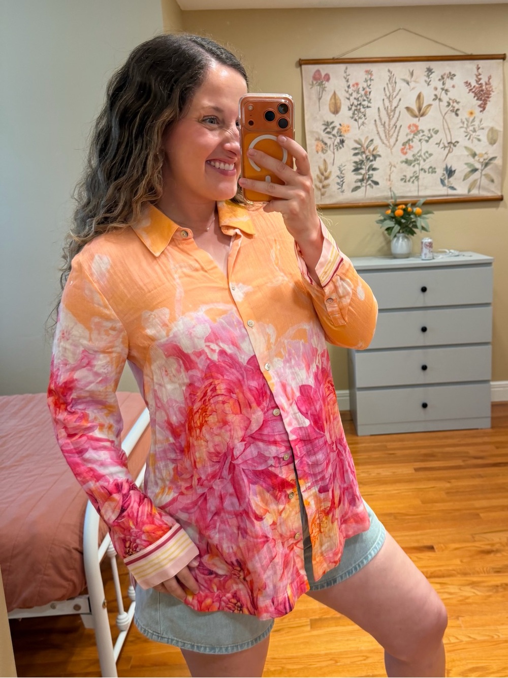 Soft Surroundings Mixed Media Watercolor Floral Button-Up Shirt Pink & Orange M